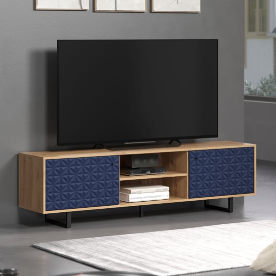 Sion Wooden TV Stand With 2 Dark Blue Doors In Artisan Oak ...