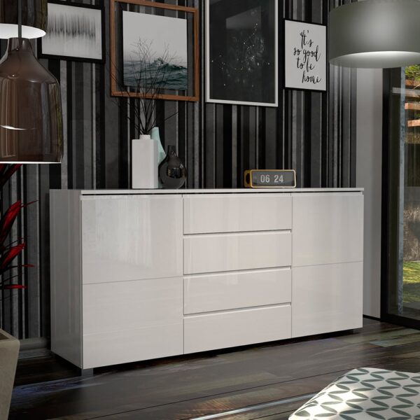 Selene High Gloss Sideboard With 2 Doors 4 Drawers In White