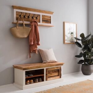 Accra Solid Mango Wood Shoe Bench With Coat Hanger In Oak