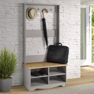 Consett Wooden Coat Rack With Shoe Bench In Grey And Oak