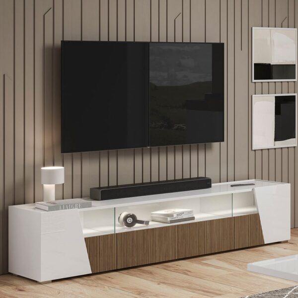 Enna High Gloss TV Stand In White With 4 Doors And LED