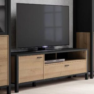 Harbor Wooden TV Stand With 1 Door 1 Drawer In Matt Black And Oak