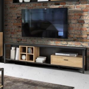 Harbor Wooden TV Stand With 1 Drawer In Matt Black And Oak