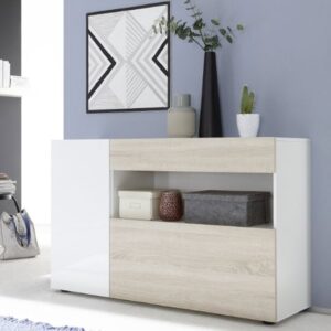 Iris Wooden Sideboard In White High Gloss And Samoa Oak