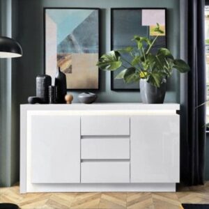 Lyco High Gloss Sideboard With 2 Doors 3 Drawers In White With LED