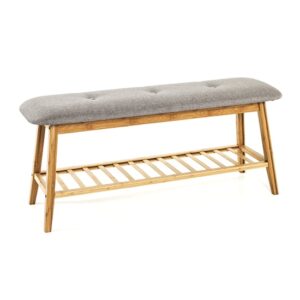 Newberry Wooden Shoe Bench In Bamboo With Grey Fabric Seat