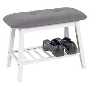 Newberry Wooden Shoe Bench In White With Grey Fabric Seat