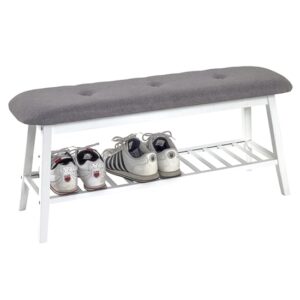 Turlock Wooden Shoe Storage Bench In White With Grey Seat