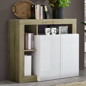 Hanmer White High Gloss Sideboard With 2 Doors In Cadiz Oak